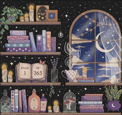 Witch Room Illustration, Witch Room Art, Witch Background Aesthetic, Magic Witch Aesthetic, Witchy Art Painting, Witchy Bujo, Autumn Backyard, Witchy Artwork, Witch Artwork