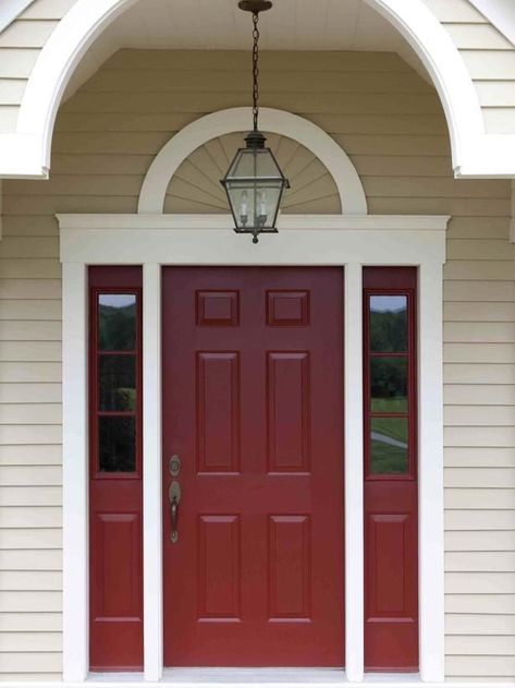 Behr's Morocco Red paint for front door; love the almond color for house siding with white/vanilla trim Tan House, Shutter Colors, Best Front Doors, Red Front Door, Front Door Paint Colors, Door Colors, Door Paint Colors, Painted Front Doors, Casas Coloniales