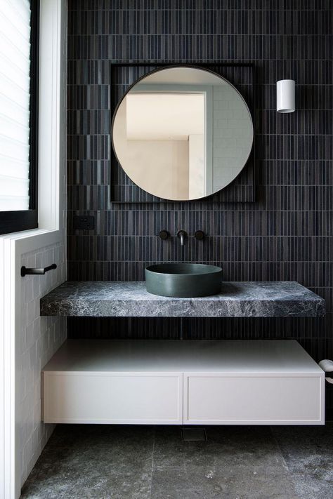 Valour, Burraneer Tile Powder Room, Bathroom Backsplash Ideas, Hamptons Style Interior, Dark Green Bathrooms, Moody Style, Masculine Bathroom, Dark Bathroom, Outside House, Dark Tile