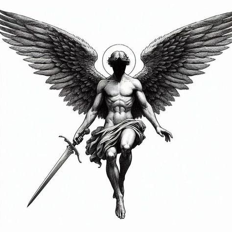 Angel Warrior Tattoo, Guardian Angel Tattoo Designs, Cupid Tattoo, Archangel Tattoo, Cool Nature, Heaven Tattoos, Statue Tattoo, Greek Mythology Tattoos, Angel Wings Tattoo