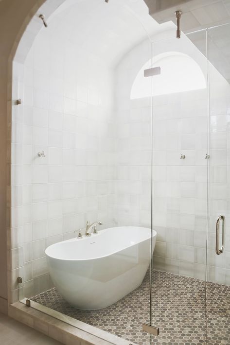 Thinking about adding a wet room to your primary bathroom? Read the pros and cons here from our design team! Wet Room With Freestanding Tub, Freestanding Tub With Shower Combo, Master Bathtubs, Shower Room With Tub, Wet Room Bathroom With Tub, Master Bath Wet Room, Traditional Master Bath, Sarah Douglas, Wet Room Bathroom