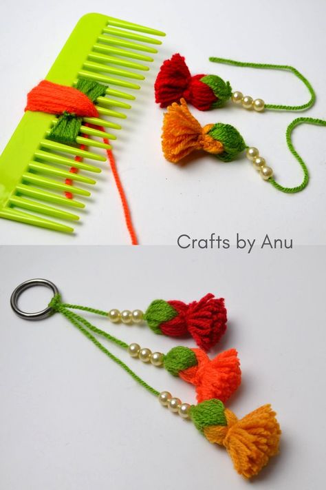 Woolen Craft, Tassel Crafts, Flower Keychain, Folded Fabric Ornaments, Fabric Christmas Ornaments Diy, Yarn Flowers, Diy Yarn Crafts, Christmas Ornaments Diy, Apartment Patio