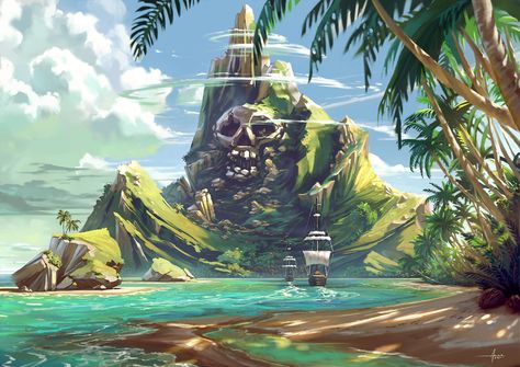 Pirate Bay Concept Art, Dnd Island Art, Pirate Landscape, Pirates Concept Art, Fantasy Pirate Art, Island Fantasy Art, Concept Art Ideas, Island Concept Art, Island Drawing