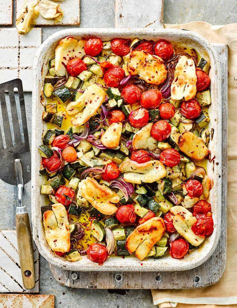 Delicious Veggie Meals, Mediterranean Tray Bake, Tray Bake Meals, Tray Bakes Dinner Vegetarian, Vegetarian Recipes Dinner Winter, One Tray Vegetarian Meals, Halloumi Vegetable Tray Bake, Halloumi Tray Bake Recipes, Tray Bake Vegetables