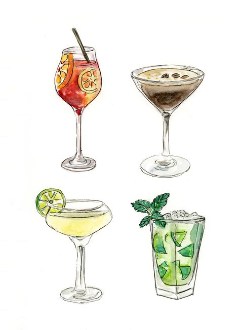 Cocktails Drawing, Gimlet, Cocktail Art, Cat Air, Plakat Design, 수채화 그림, Espresso Martini, Aperol Spritz, Art Collage Wall