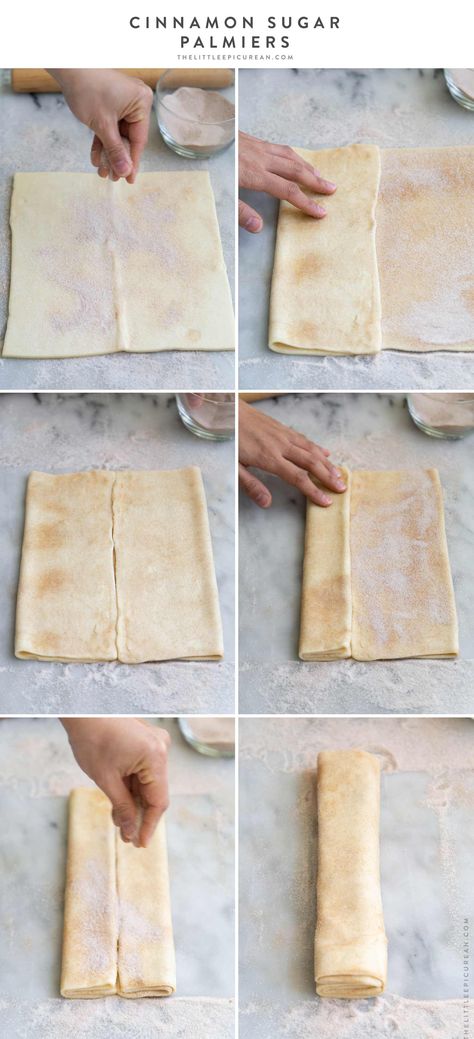 How to assemble Cinnamon Sugar Palmiers using puff pastry dough. #puffpastry #palmiers #easyrecipe #baking #cinnamonsugar Puff Pastry Recipes Dinner, Puff Pastry Cookies, Palmiers Recipe, Palmier Cookies, Using Puff Pastry, Puff Pastry Recipes Dessert, Pastry Cookies, Pastries Recipes Dessert, Sugar Puffs