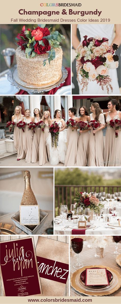 2019 fall wedding bridesmaid dresses color ideas, champagne bridesmaid dresses with wedding cakes, bouquets, invitations and table decorations in champagne and burgundy. #colsbm #bridesmaids #champagnedress #weddingideas #champagnewedding b909 Fall Wedding Bridesmaids, Fall Wedding Color Palette, Wedding Color Combos, Dresses Yellow, Champagne Bridesmaid Dresses, Champagne Bridesmaid, Burgundy Bridesmaid, Champagne Dress, Bridesmaid Dress Colors