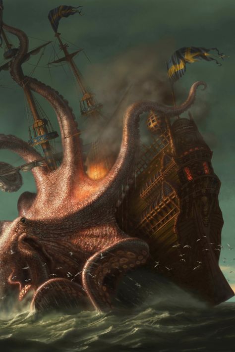 Norse mythology is full of creatures including the terrifying kraken sea monster Kraken Sea Monster, Sea Monster Art, Kraken Art, The Kraken, Pirate Art, Sea Monster, World Of Fantasy, Fantasy Monster, Mythical Creatures Art