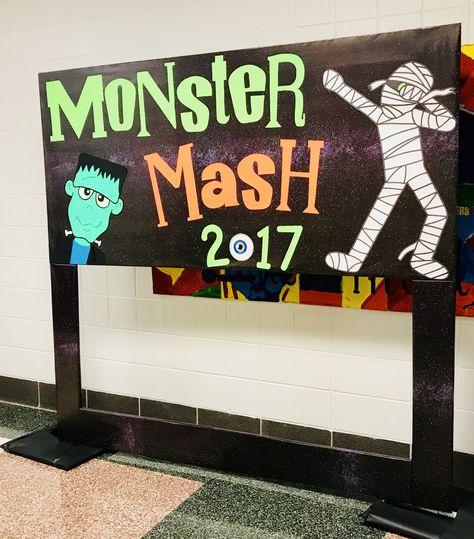 Monster Mash Backdrop Halloween Party Ideas School Dance Themes, Monster Mash Party, Kids Night Out, Halloween Dance, Dance Themes, Halloween Party Ideas, Halloween Backdrop, Halloween Preschool, Halloween Party Diy