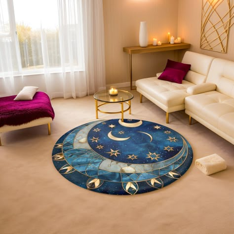 Introducing our exquisite Round Moon Rug, a celestial masterpiece that brings the enchantment of the night sky right into your living space. This captivating rug features a mesmerizing design with shades of blue and gold colors, evoking the allure of a magical moonlit night. With its celestial motif, this rug is a true work of art, designed to add a touch of wonder and mystique to any room. The moon's elegant curves and shimmering gold accents create an ethereal ambiance, making it a perfect addition to your bedroom, living room, or meditation space. Crafted with quality in mind, this rug measures 60x60 inches, providing ample coverage for your chosen area. Its durable construction ensures longevity, making it suitable for indoor use. The edges are carefully hemmed, adding a refined touch Moon And Stars Decorations, Celestial Living Room, Celestial Rug, Rug Ideas For Bedroom, Celestial Room Decor, Mystical Room, Ethereal Decor, Magical Home Decor, Celestial Home Decor