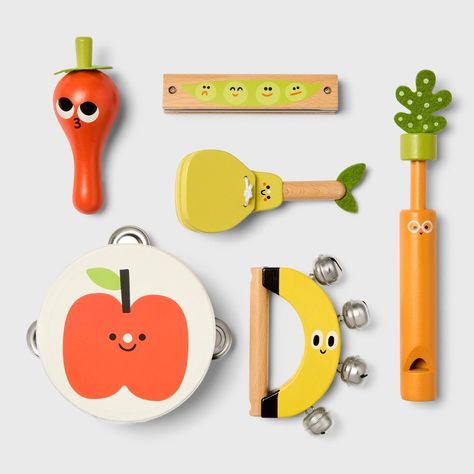 This Fruit & Veggie Instrument Set from Gigglescape™ is perfect for introducing your little one to music. Made in the shape of fruits and vegetables, this six-instrument set includes a carrot slide whistle, apple tambourine, banana bell shaker and more. These instruments let them play with rhythmic tones, sound patterns and volume with each individual fruit and vegetable. Plus, this set comes with a colorful storage bag that makes cleaning up after playtime easy. Gigglescape™: Where play starts Kids Instruments, Toy Piano, Toy Instruments, Colorful Storage, Toys For Toddlers, Music Toys, Indoor Toys, Tambourine, Teacher Tools