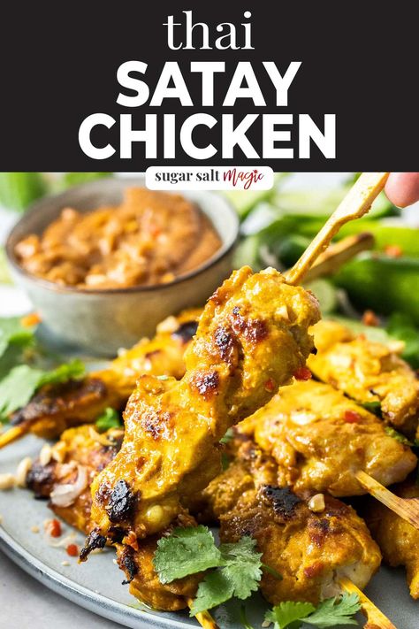 Thai chicken satay is skewers of spiced grilled chicken served with a thick and rich peanut sauce. Amazingly simple to make, you’ll be blown away by the authentic flavour. Satay Marinade, Thai Satay, Chicken Satay With Peanut Sauce, Satay Skewers, Chicken Satay Skewers, Thai Chicken Satay, Chicken Satay Recipe, Satay Recipe, Satay Sauce