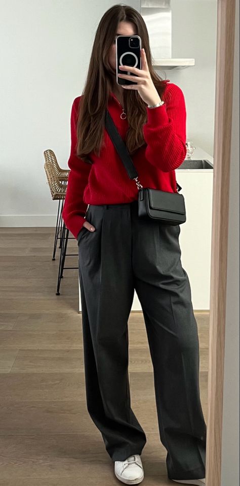 Red With Grey Outfit, Red Sweater Work Outfit, Red Knit Skirt Outfit, Red Jumper Outfit Aesthetic, Outfits With Grey Trousers, Uniqlo Pleated Wide Pants Outfit, Autumn Red Outfit, Trouser Winter Outfit, Grey Trousers Outfit Winter