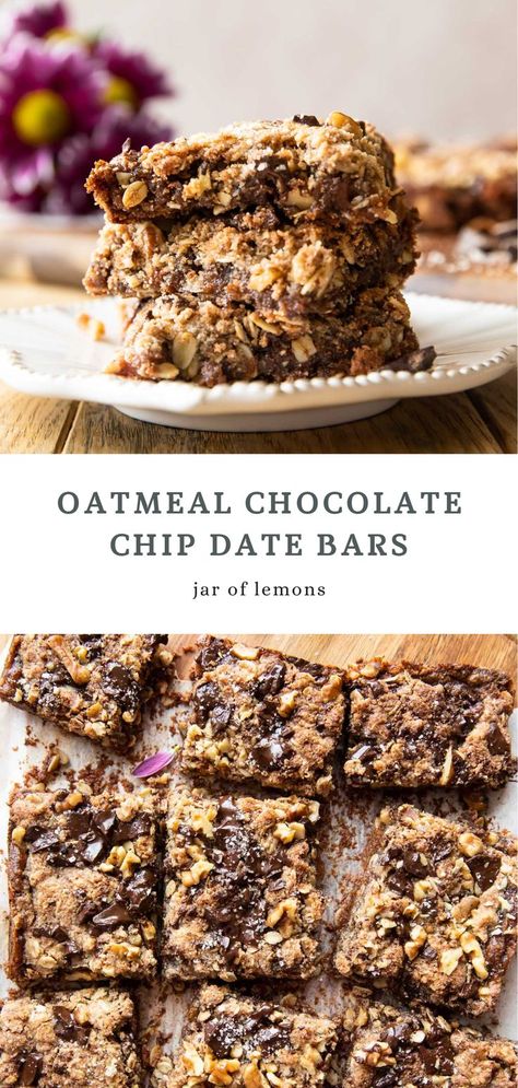 Two images of oatmeal chocolate chip bars. Desserts With Dates, Snack At Home, Desserts With Chocolate Chips, Date Caramel, Date Bars, Healthy Sweet Snacks, Oatmeal Chocolate Chip, Date Recipes, Healthy Sweet Treats