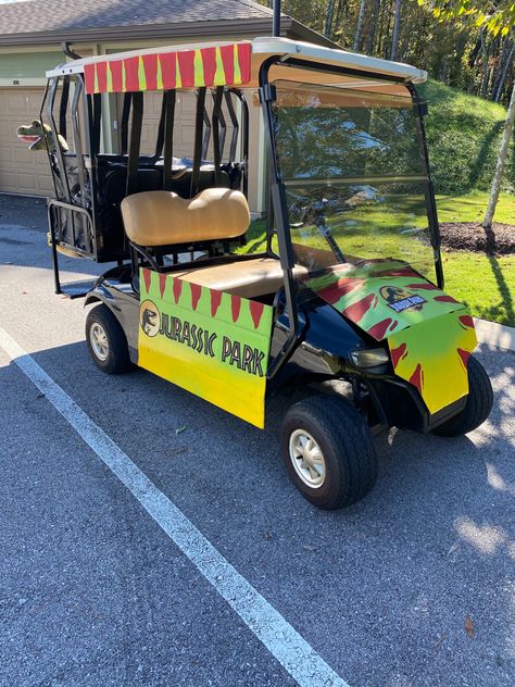 Jurassic Park Golf Cart Decorations, Family Halloween Costumes With Golf Cart, Golf Cart Decorating Ideas Police Car, Golf Cart Float Ideas, Decorated Golf Cart Ideas Fun, Golf Cart Costume Ideas, Golf Cart Theme Ideas, Safari Golf Cart Decorations, Golf Cart Halloween Costume