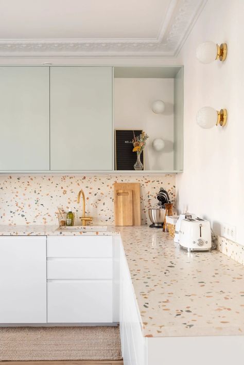 Terrazzo Kitchen Countertops, Kitchen Terrazzo, Terrazzo Countertop, Terrazzo Kitchen, Greige Kitchen, Colorful Terrazzo, Pastel Kitchen, Flat Panel Cabinets, White Modern Kitchen