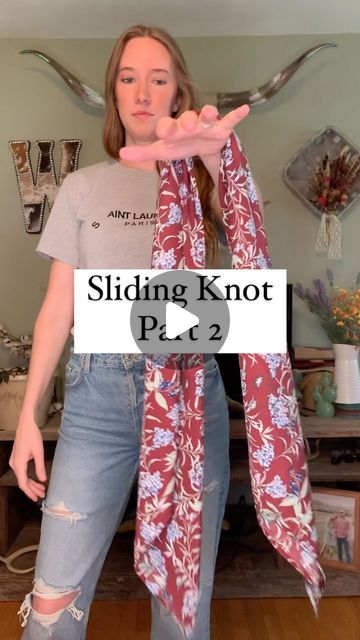 Mikayla Woodzell- WranglinRags on Instagram: "How to: Tie a sliding knot- part 2 I showed you guys one way to tie this knot and here is a different way to get the same result! Which way do you find easier? #wildrag #wranglinrags #wildragtutorial #westernwear #westernstyle #westernlifeandstyle" How To Tie Western Neck Scarf, How To Tie Western Style Scarf, How To Tie A Western Scarf, Wild Rag Ties, How To Tie Wild Rags, How To Tie A Wild Rag, Sliding Knot Tutorial, Scarf Updo, Double Sliding Knot