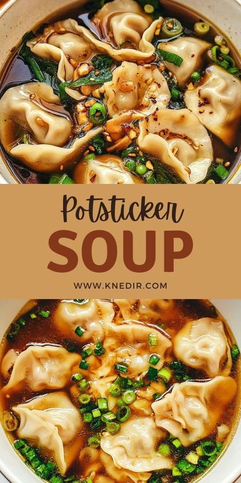 Warm up with a bowl of potsticker soup! 🍲 Tender potstickers in a savory broth make this the perfect comfort food. Easy to make and customizable with your favorite veggies. Ideal for cozy nights or a quick dinner! #PotstickerSoup #SoupRecipe #ComfortFood #EasySoup #AsianCuisine #HomemadeSoup #CozyMeals 🥢 Potsticker Meal Ideas, Hearty Fall Soups, Potsticker Soup, Fall Soups And Stews, Potstickers Recipe, Easy Homemade Soups, Asian Soup Recipes, Quick And Easy Soup, Fall Soup