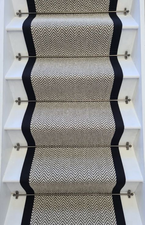 Java Quality Herringbone Stair Runner With 100 % Cotton Black Border | eBay Black Herringbone Stair Runner, Stair Carpet Ideas Grey, Staircase Runner Carpet, Black And White Bannister, Stairs Runner Carpet, Herringbone Carpet Stairs, Stair Runner With Rods, Painted Stairs With Runner, Stairs With Carpet Runner