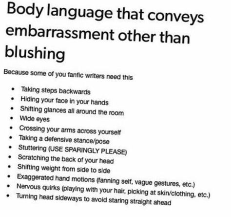 Body language that conveys embarrassment Tumblr Writing Advice, Fanfic Writers, Writers Tips, Fanfic Ideas, Writing Techniques, Ray Ray, Writer Tips, Writing Things, Writing Board