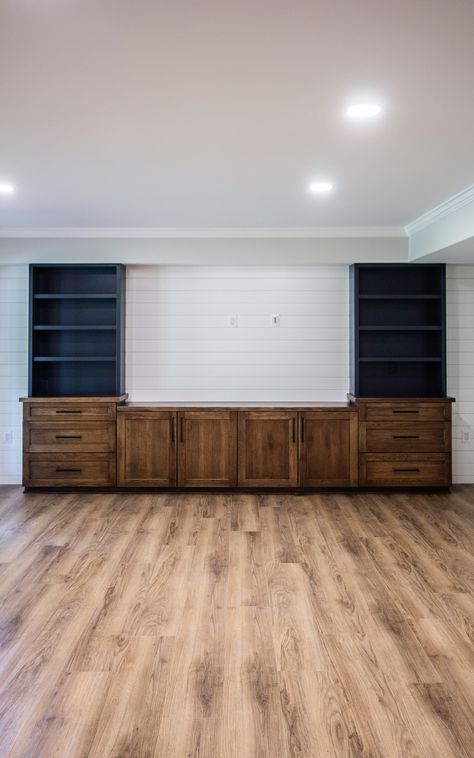 Abiding Aldie Basement - Transitional - Basement - DC Metro - by Murphy's Design | Houzz Basement With Desk Area, Restoration Hardware Basement, Built In Shelves Basement, Bar With Full Size Refrigerator, Basement Cabinet Ideas, Cabinets In Basement, Moody Basement Ideas, Sports Basement, Basement Built Ins