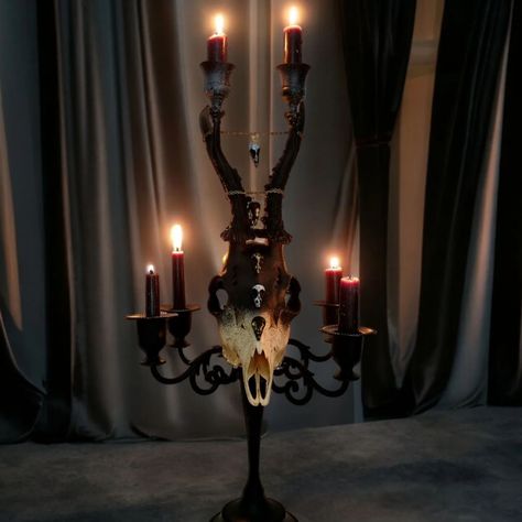 My journey as an artist is a constant dance between light and dark. Dark and moody is winning at the moment... #deerskullart #gothwedding #darkandmoody #candelabra #weddingcenterpieces #victorianhouse Deer Skull Art, Antler Ideas, Skulls Art, Skull Candle Holder, Half Skull, Skull Light, Skull Crafts, Goth Wedding, Skull Candle