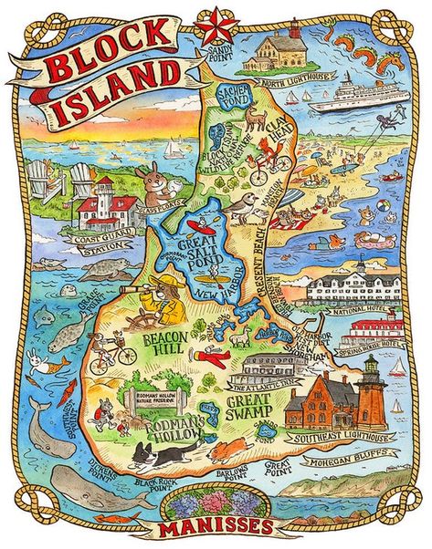 Rhode Island Map, Watercolor And Ink Illustration, Block Island Rhode Island, Vineyard Vacation, Rhode Island Travel, Map Ideas, American States, Illustrated Maps, Cities Skylines