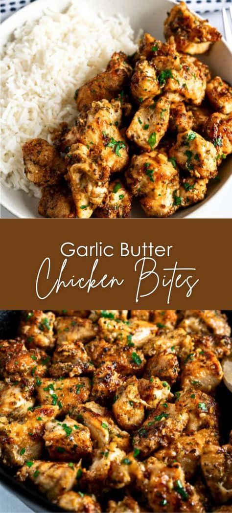 15-Minute Garlic Butter Chicken Bites: Easy One-Pan Recipe – Yummy and fully Good Meat Recipes, 15 Minute Garlic Butter Chicken, Chicken Recipes Garlic Butter, Blackstone Butter Chicken, Essen, Healthy Quick Chicken Dinner Recipes, Chicken Garlic Bites, Chicken And Garlic Recipes, Garlic Butter Steak Bites Foil Packs