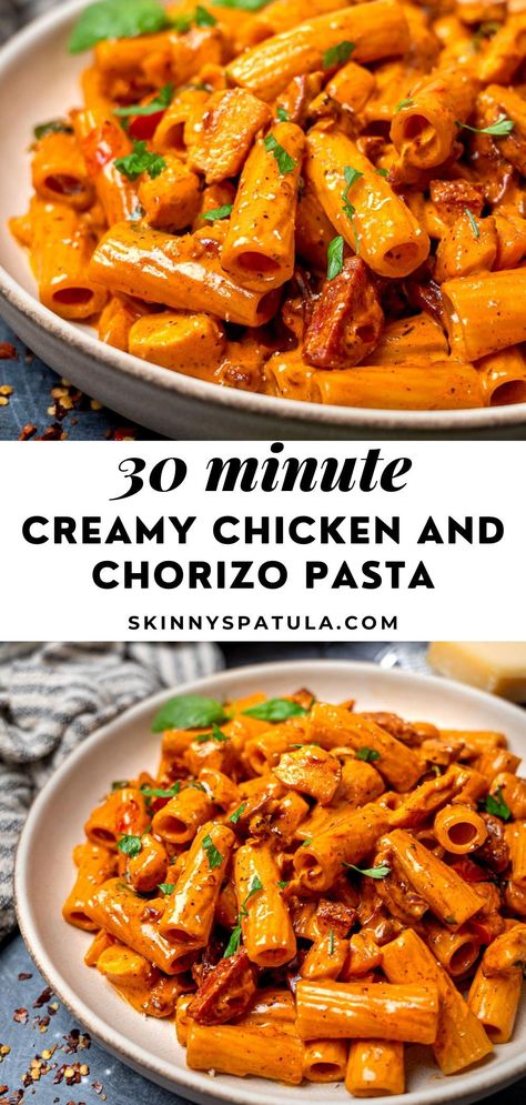 Chicken Chorizo Chili, Sausage Chorizo Recipes, Chorizo Lunch Ideas, Chicken Chorizo Bake, Pasta Recipes Chorizo, Creamy Chicken And Chorizo Orzo, One Pot Chorizo Pasta, Chorizo For Dinner, Dinner Ideas Chorizo