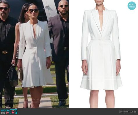 Teressa’s white coat dress on Queen of the South. Outfit Details: https://wornontv.net/227716/ #QueenoftheSouth Queen Of The South Teresa Outfits, Teresa Mendoza Outfits, Queen Of The South Outfits, Classic White Blazer Dress With Lapel Collar, Elegant White Tweed Dress With Buttons, Theresa Mendoza Queen Of The South, White Elegant Tweed Dress With Buttons, White Coat Dress, Vietnam Tailor