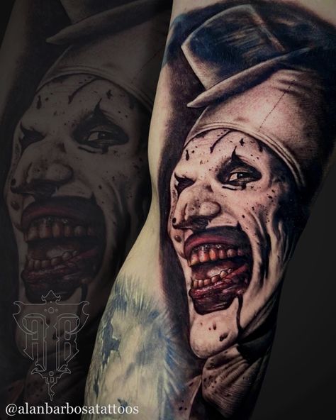 Halloween Tattoo Ideas Horror Movies, The Ring Tattoo Horror, Devils Rejects Tattoo, Art The Clown Terrifier Tattoo, Realistic Horror Tattoo, Art The Clown Tattoo, Terrifier Tattoo, Horror Tattoo Designs, Saw Tattoo