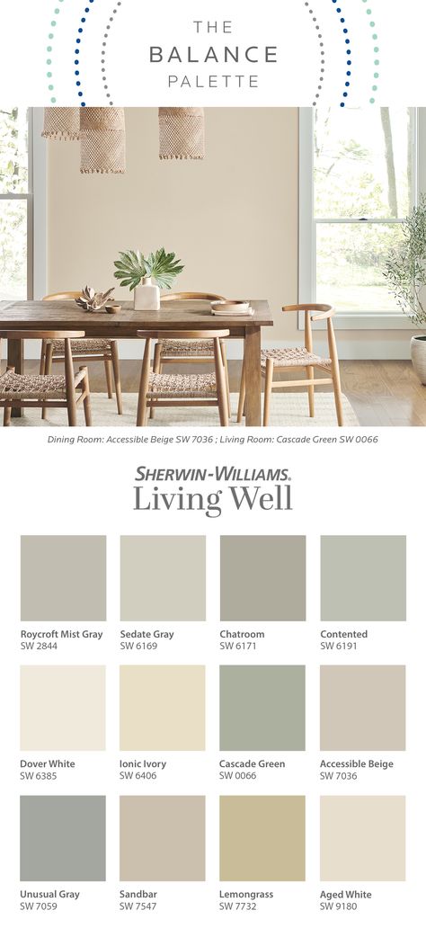 Sherwin Williams Dover White Color Palette, Dover White Color Palette, Tranquil Color Palette, House Color Schemes Interior, Interior Palette, Paint Palettes, Dover White, Lush Forest, Living Room Design Ideas