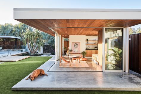 An Australian Garden Studio Opens Up to the Outdoors With Sliding Glass Walls - Dwell Small Pool Cabana, Modern Outdoor Spaces, Backyard Studio, Australian Garden, Beach Shack, Granny Flat, Garden Studio, The Design Files, Patio Area