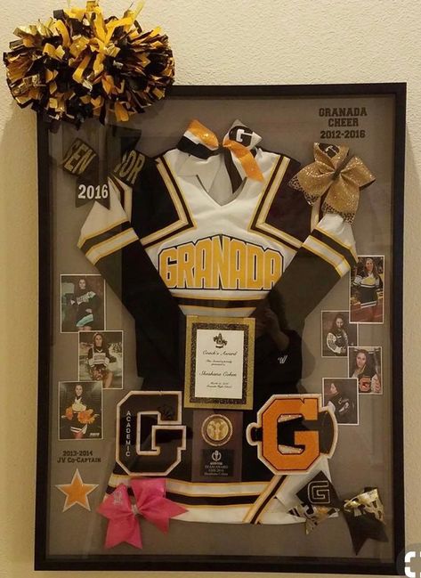 Cheer Uniform Display Ideas, Framed Cheer Uniform, Cheer Memory Ideas, Senior Cheer Shadow Box Ideas, Cheer Shadow Box Ideas Gifts, Cheerleading Shadow Box Ideas, Cheerleader Shadow Box Ideas, Cheer Wall Ideas, Middle School Cheer Uniforms