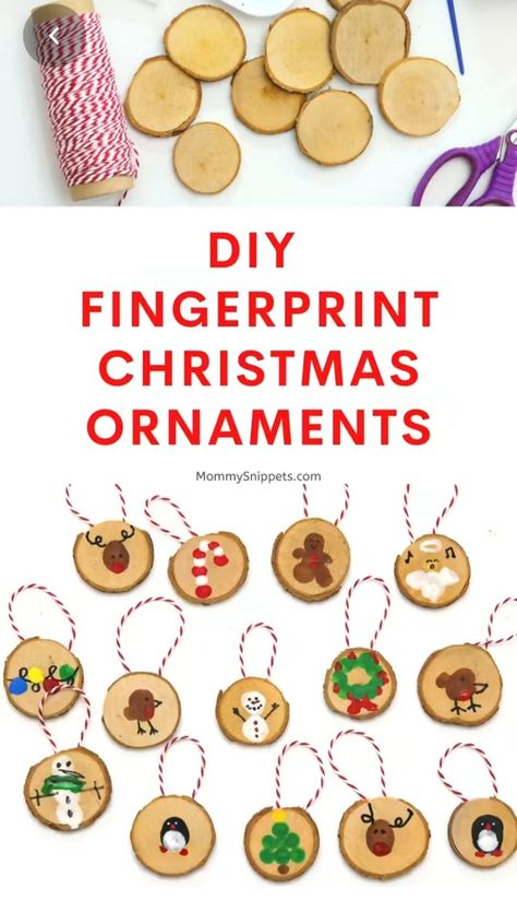 Ornaments With Fingerprints, 2nd Grade Christmas Ornament Craft, Finger Print Ornaments Kids, Wood Slice Fingerprint Ornament, Fingerprint Wreath Ornament, Finger Print Ornaments On Wood, Thumb Print Ornaments, Diy Ornaments Christmas Wood Slice, Finger Print Christmas Tree Ornament