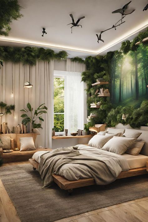 A forest-themed bedroom design brings the tranquility and natural beauty of the outdoors into the comfort of one's home, creating a serene and rejuvenating space. This design concept draws inspiration from lush woodlands, incorporating elements like tree motifs, leafy patterns, and earthy hues to evoke a sense of being amidst nature. Nature Room Decor Bedroom Ideas, Apartment Bedroom Themes, Plant Aesthetic Bedroom Ideas, Woodland Inspired Bedroom, Cave Inspired Bedroom, Swamp Themed Bedroom, Forest Aesthetic Home Decor, Theme Room Ideas For Adults, Rainforest Aesthetic Bedroom