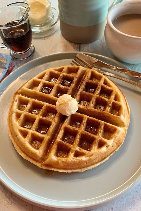 A Belgian waffle with butter and syrup on top. Essen, Pancake Breakfast Ideas, Fluffiest Pancakes, My Country Table, Make Waffles, Buttermilk Waffles, Make Pancakes, Country Table, Homemade Buttermilk