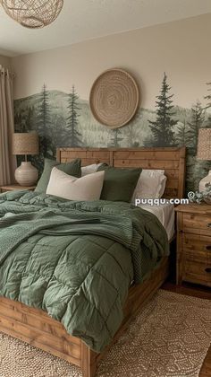 Forest Themed Bedroom, Forest Bedroom, Green Comforter, Cabin Bedroom, Antique Bedroom, Bedroom Green, Remodel Bedroom, Master Bedrooms Decor, Room Inspiration Bedroom