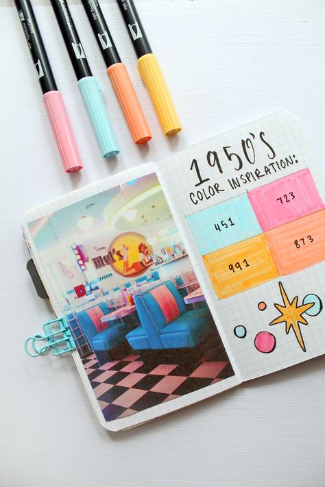 @studiokatie shares 3 different color palettes inspired by vintage decades on the @tombowusa blog! Tombow Dual Brush Pen Color Combinations, Bujo Color Schemes, Tombow Color Combinations, Tombow Color Palettes, Tombow Palette, Vintage Color Schemes, Tombow Brush Pen, Tombow Markers, Writing Paper Printable Stationery