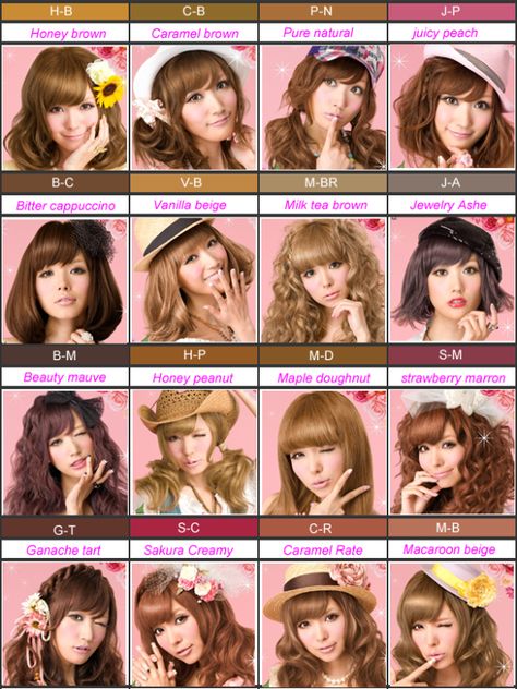 Palty colors Hair Color Japanese, Japanese Hair Color, Hair Color Names, Harajuku Hair, Gyaru Hair, Hair Color Asian, Hairstyle Names, Hair Color Chart, Hair Magazine