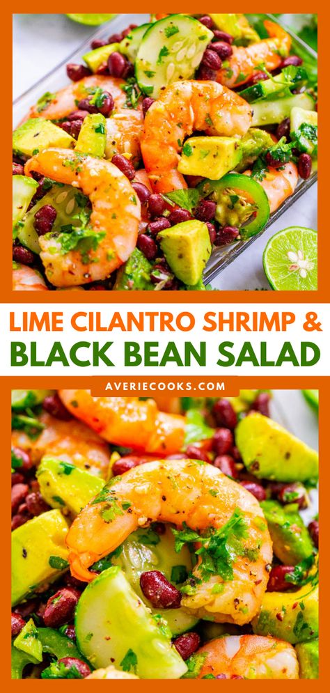 Lime Cilantro Shrimp and Black Bean Salad - Tender juicy shrimp, black beans, avocado, cilantro, and more coated in a lime sauce that's a FIESTA in your mouth!! An EASY and HEALTHY Mexican-inspired salad that’s ready in 10 minutes!! Shrimp Black Beans, Cilantro Shrimp, Shrimp Avocado Salad, Cilantro Lime Shrimp, Shrimp Salad Recipes, Black Bean Salad, Lime Sauce, Fast Easy Meals, Shrimp Salad