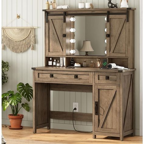 Makeup Vanity with Lights & Barn Doors, Vanity Desk with Mirror and  Lights & Charging Station, Farmhouse White Vanity Table with Jewelry Hooks and Open Storage Shelves        White Makeup Vanity with 3 Lighting Modes & Sliding Barn Doors   【Farmhouse… Pallet Wood Vanity, Stained Wood Vanity, Rustic Vanity Ideas Bedroom, Homemade Vanity Ideas, Western Vanity, Homemade Vanity, Country Vanity, Makeup Vanity With Lights, Brown Vanity