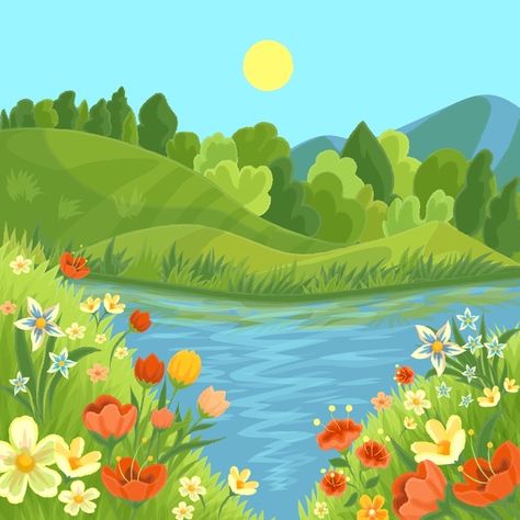 Spring Cartoon, Spring Drawing, Candle Labels Design, Floral Cards Design, Spring Pictures, Background Drawing, Landscape Art Painting, Spring Landscape, Flower Landscape