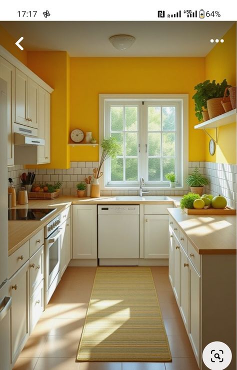 White And Yellow Kitchen Ideas, Bright Yellow Kitchen Walls, Yellow And Wood Kitchen, Mustard Kitchen Walls, Kitchen Color Inspiration, Yellow Painted Kitchen, Yellow Walls Kitchen, Painted Kitchen Walls, Kitchen Yellow Walls