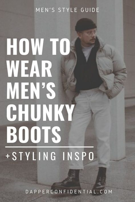 After years of slimmer, streamlined silhouettes and dress sneakers, men’s chunky boots have surged forth with the whole Y2K wave. Read the article if you are curious about this trend and how to style it. Chunky Boots Outfit Men, Dress Sneakers Men, Combat Boots Outfit Men, Dr Martens Boots Men, Chunky Boots Outfit, Boots Men Outfit, Dress Sneakers, Boots Outfit Men, Combat Boots Style