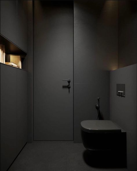 Black Toilet Design, Black Toilet Room, Modern Black Bathroom Design, Toilet Modern Design, Black Bathroom Interior, Dark Toilet, Wc Black, Dark Modern Bathroom, Black Wc