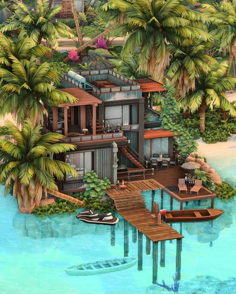 I built a container house on the beach in @thesims 🌴 I hope you like it! #EAPartner 📽️ Available ☀️ Playtested 🆔 Create4sims You can now support me by using the code CREATE4SIMS at checkout when purchasing any Sims 4 DLC on the EA APP or thesims.com . #thesims #thesims4 #sims4builds #sims4house Sims Backyard Ideas, Island Living Sims 4 House, Bloxburg Tropical House, Sims 4 Sulani House, Sims Beach House, Sims 4 Island Living House, Procreate Building, Resort Exterior, Sims 3 Houses Ideas