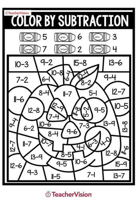 Math Halloween Activities, Color By Subtraction, Halloween Subtraction, Halloween Activity Sheets, Halloween Math Worksheets, Halloween Teaching, Fun Math Worksheets, Halloween Math Activities, Math Practice Worksheets