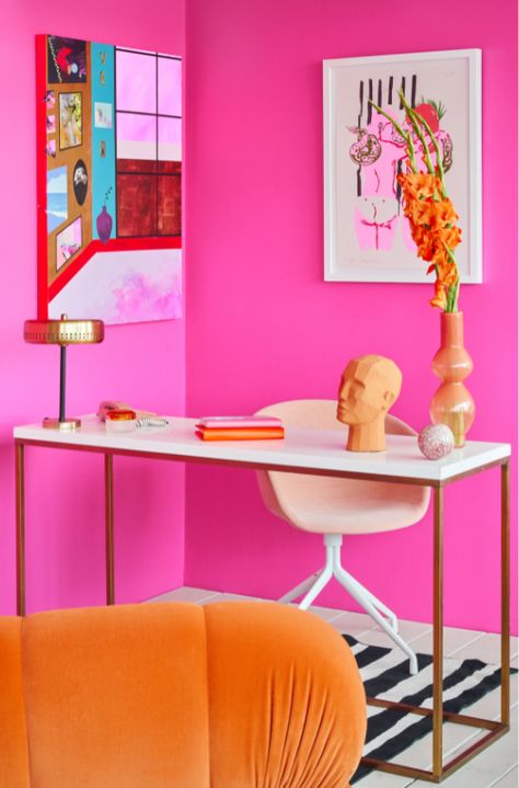 Bold Bright Aesthetic, Bright Pink Decor, Hot Pink Color Combinations, Bright Pink Bedroom, Hot Pink Home Decor, Hot Pink Office, Bright Pink Wall, Hot Pink Bedroom, Pink Playroom