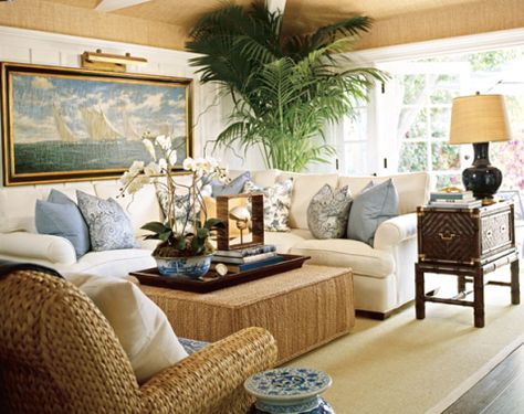 The combo of tan, white and blue makes for a pretty living area.  The beige ceiling and white beams is a cool concept. West Indies Decor, British Colonial Decor, Coastal Decorating Living Room, Barclay Butera, Coastal Living Rooms, Colonial Decor, Beach House Interior, Coastal Living Room, Design Seeds